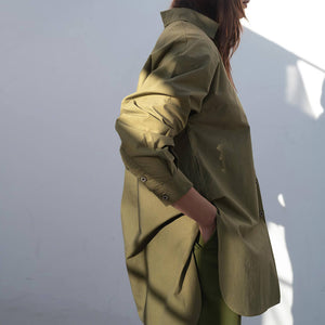All season button down blouse in olive green by Neba for Mulxiply