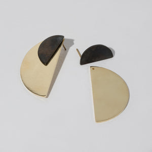 Ethically Handmade two-in-one earring top half-circle is Oxidized Brass, bottom half-circle is Brass