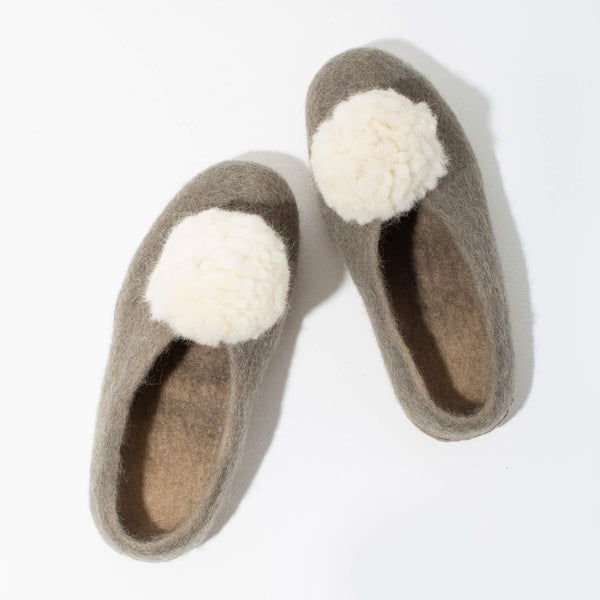 SALE - Pom Pom Felt Slippers - Light Grey + White