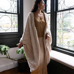 Natural Pleated Cocoon Sweater Coat by Jijivisha for Mulxiply. Ethically crafted in Nepal.