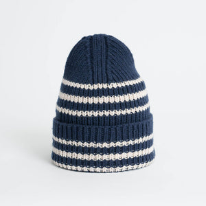 Handmade Navy blue and white striped knit beanie by Dinadi for Mulxiply