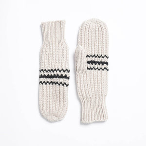 Hand knit off-white gloves with black stripes. Ethically made in Nepal.