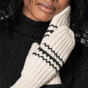 Merino Handknit Striped Mittens - Almond White