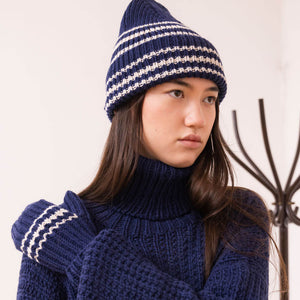 Stylish navy mitten and beanie in navy blue 