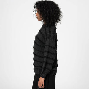 Black and grey striped sweater in cashmere and wool. Ethically handmade in Nepal.