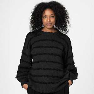 Subtle striped crewneck sweater in black and onyx grey wool and cashmere.