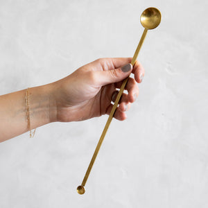 Handforged Brass Cocktail Bar Spoon by Ember in Maine. Made in Nepal by Mulxiply and Campfire Pottery.