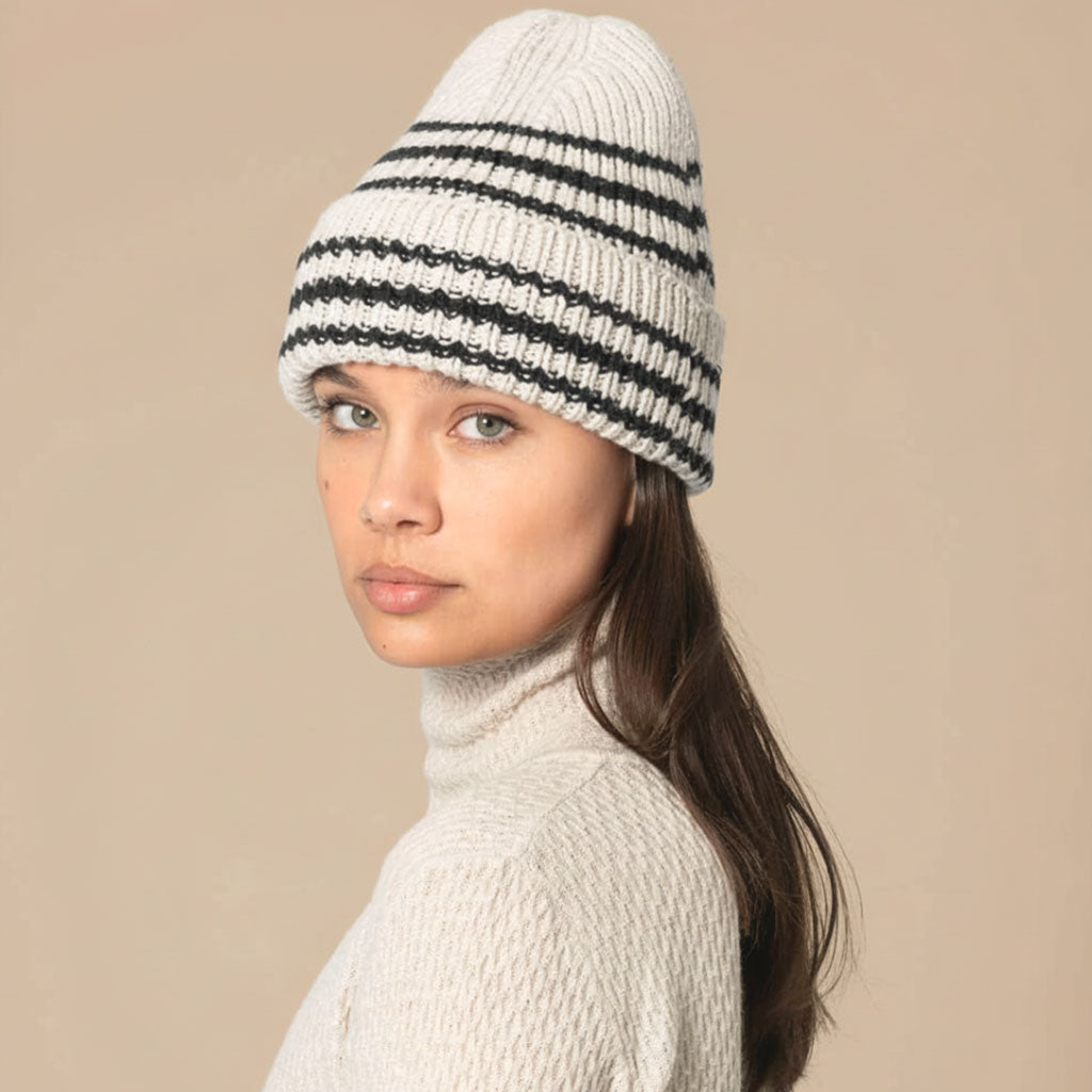 Off white and black striped beanie hat