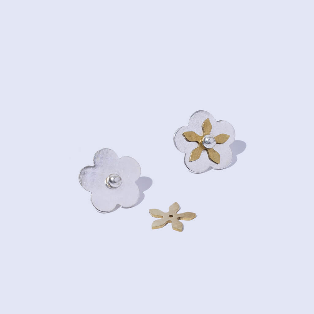 Sakura Blossom Convertible Earrings in Sterling and Brass by Mulxiply.
