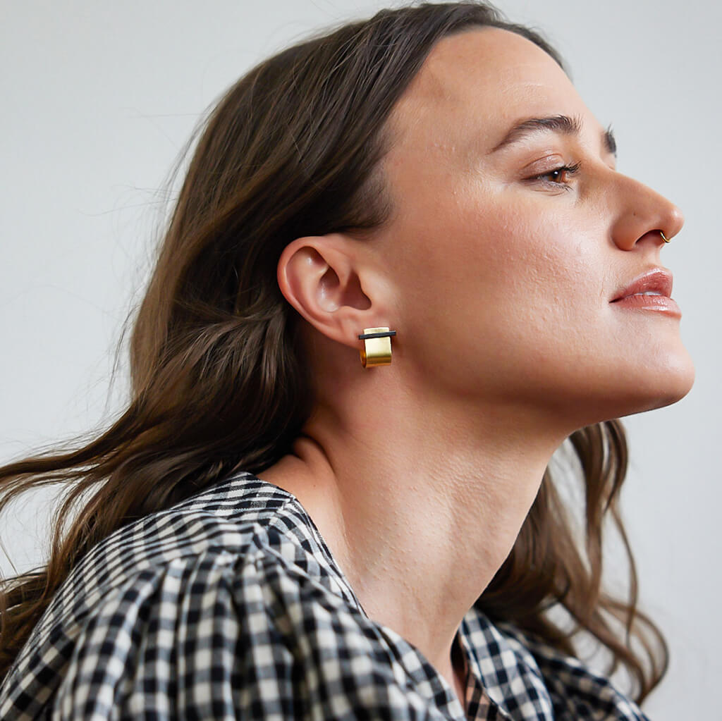 Huggie Earring with Oxidized Brass Stick Stud by Mulxiply