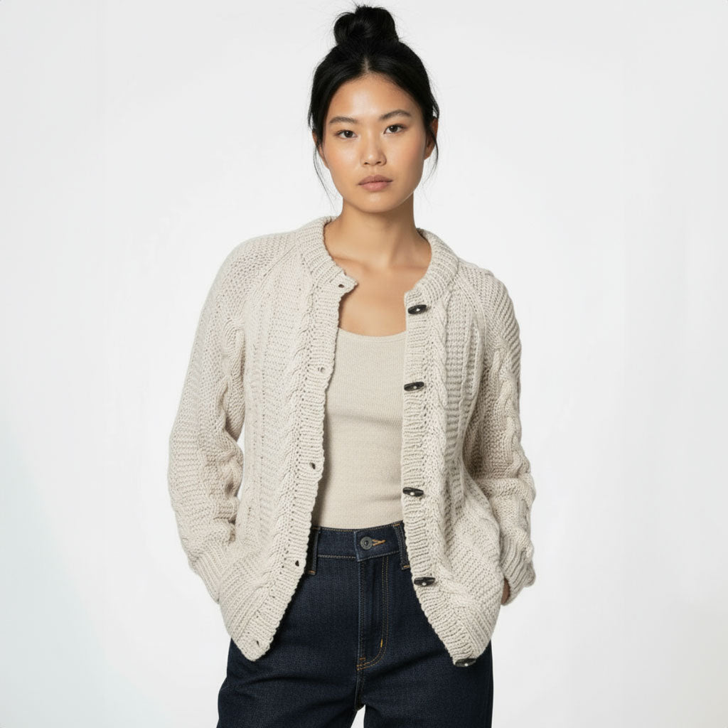 Merino Handknit Cable Cardigan - Almond White