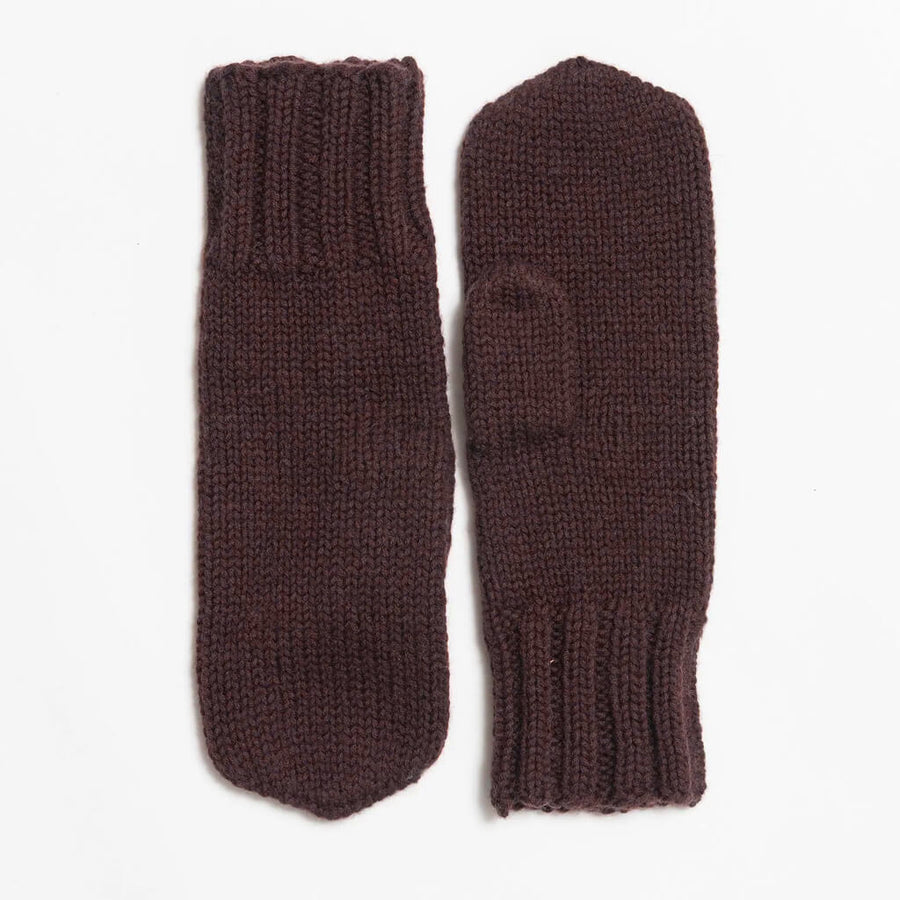 Espresso brown, hand-knit mittens by Dinadi for Mulxiply.