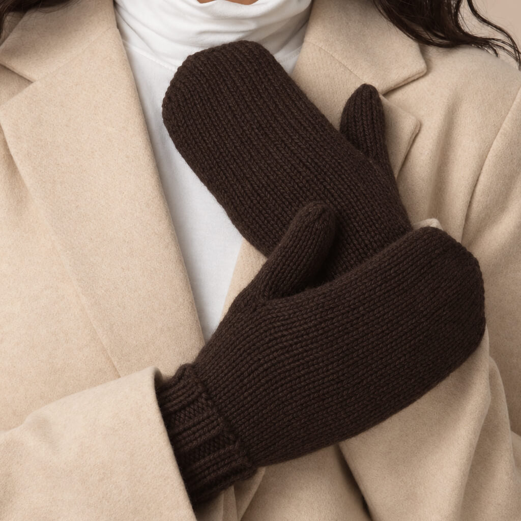 Espresso brown, hand-knit mittens by Dinadi for Mulxiply.