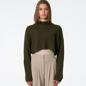 Merino Handknit Cropped Sweater - Olive Green