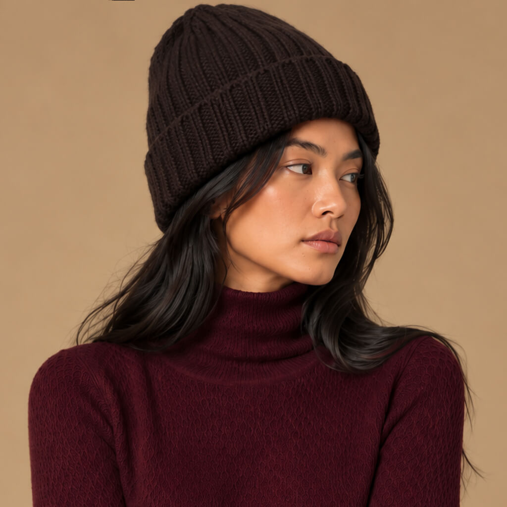 Merino Handknit Thick Rib Hat - Espresso Brown