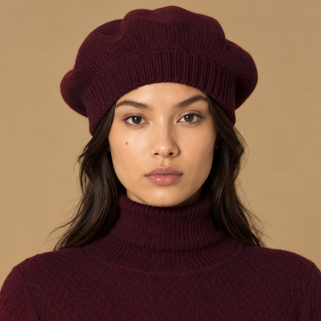 A woman wearing a deep burgundy knit beret and matching ribbed turtleneck sweater against a solid beige background.