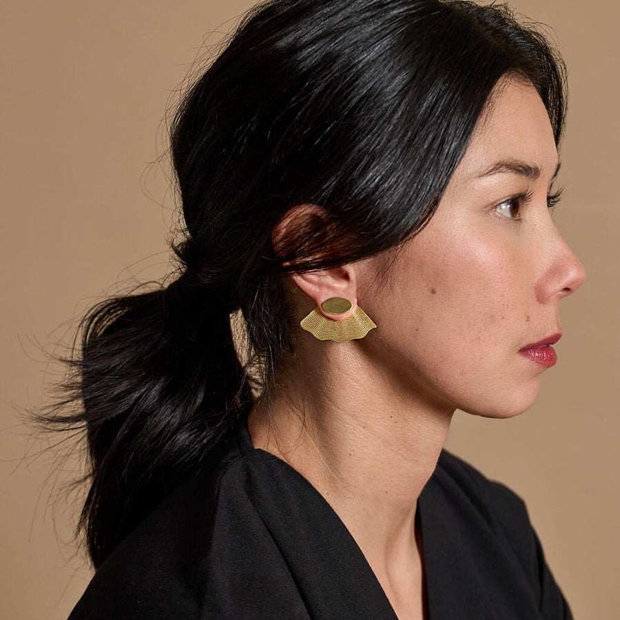 2-part Fan Jacket Earrings by Mulxiply. Handcrafted in brass.