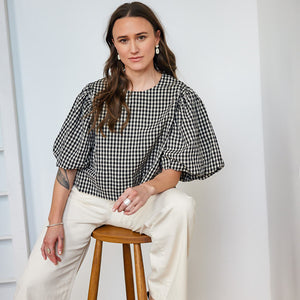 Gingham Bubble Sleeve Blouse in handwoven cotton by Mulxiply