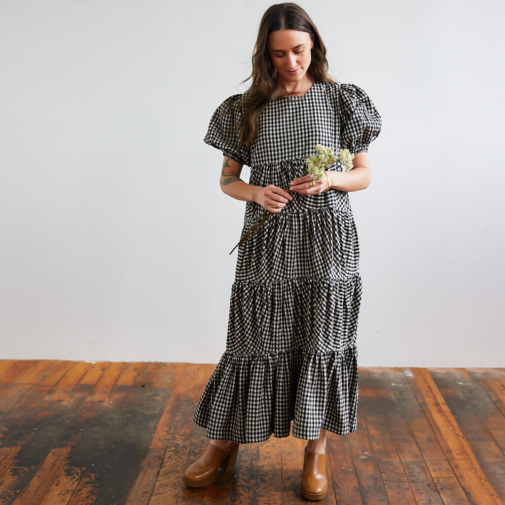 Swingy gingham dress in handwoven black and natural cotton by Mulxiply