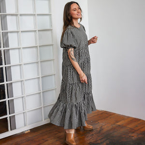 Swingy gingham dress in handwoven black and natural cotton by Mulxiply