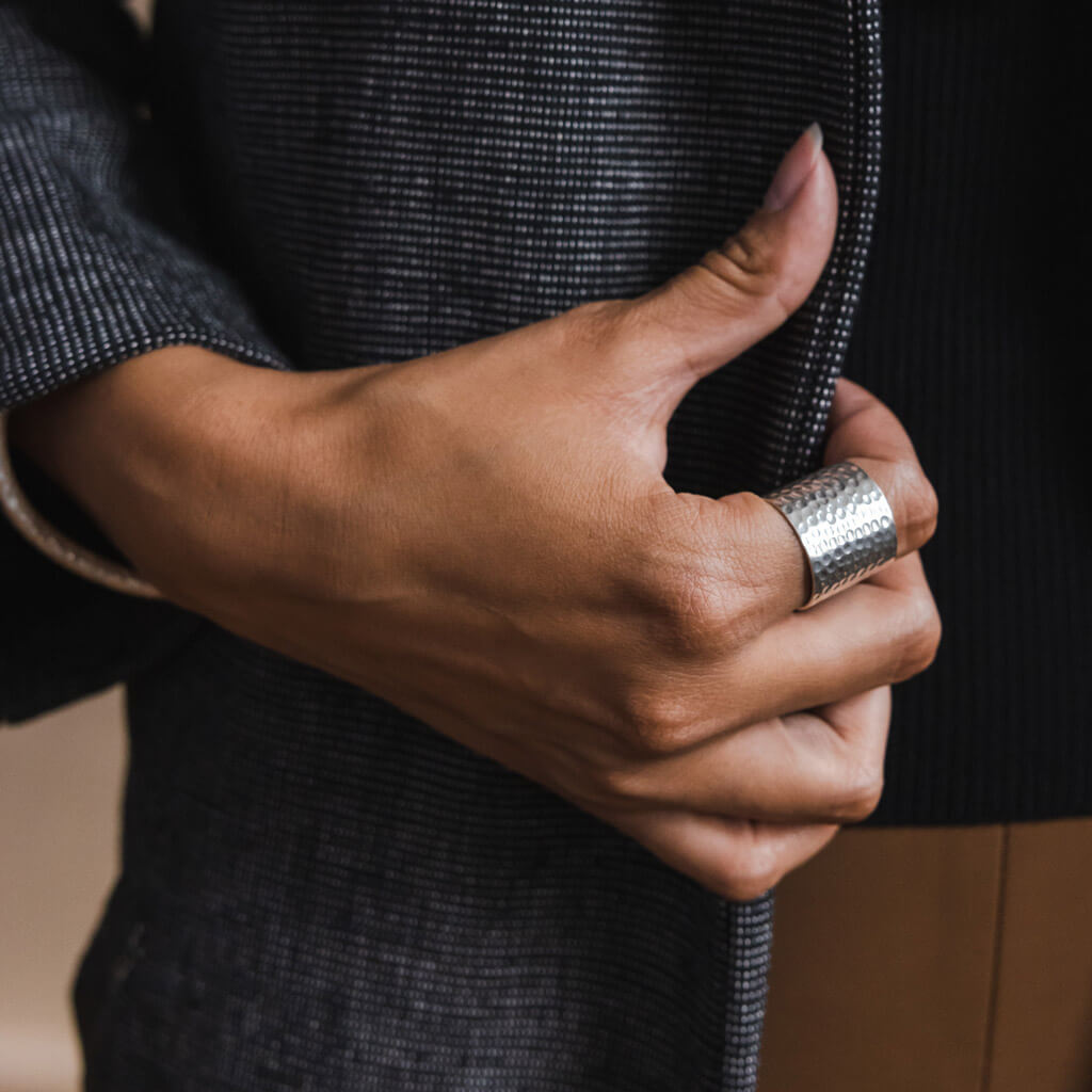 Hammered sterling silver adjustable cuff ring by Mulxiply