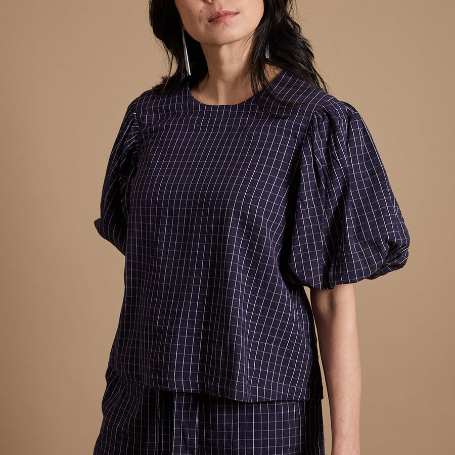 Bubble Sleeve Blouse in Indigo Hatch by Mulxiply