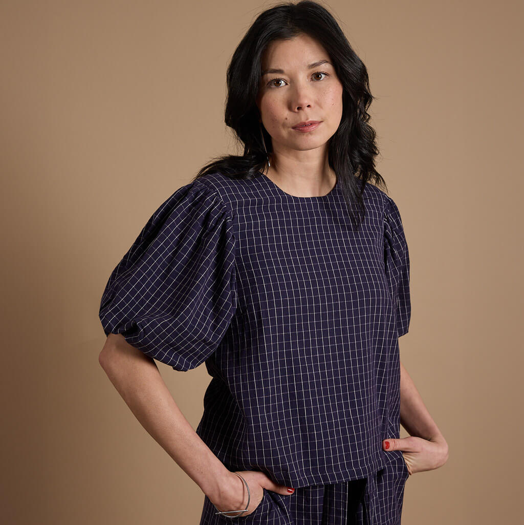 Bubble Sleeve Blouse in Indigo Hatch by Mulxiply