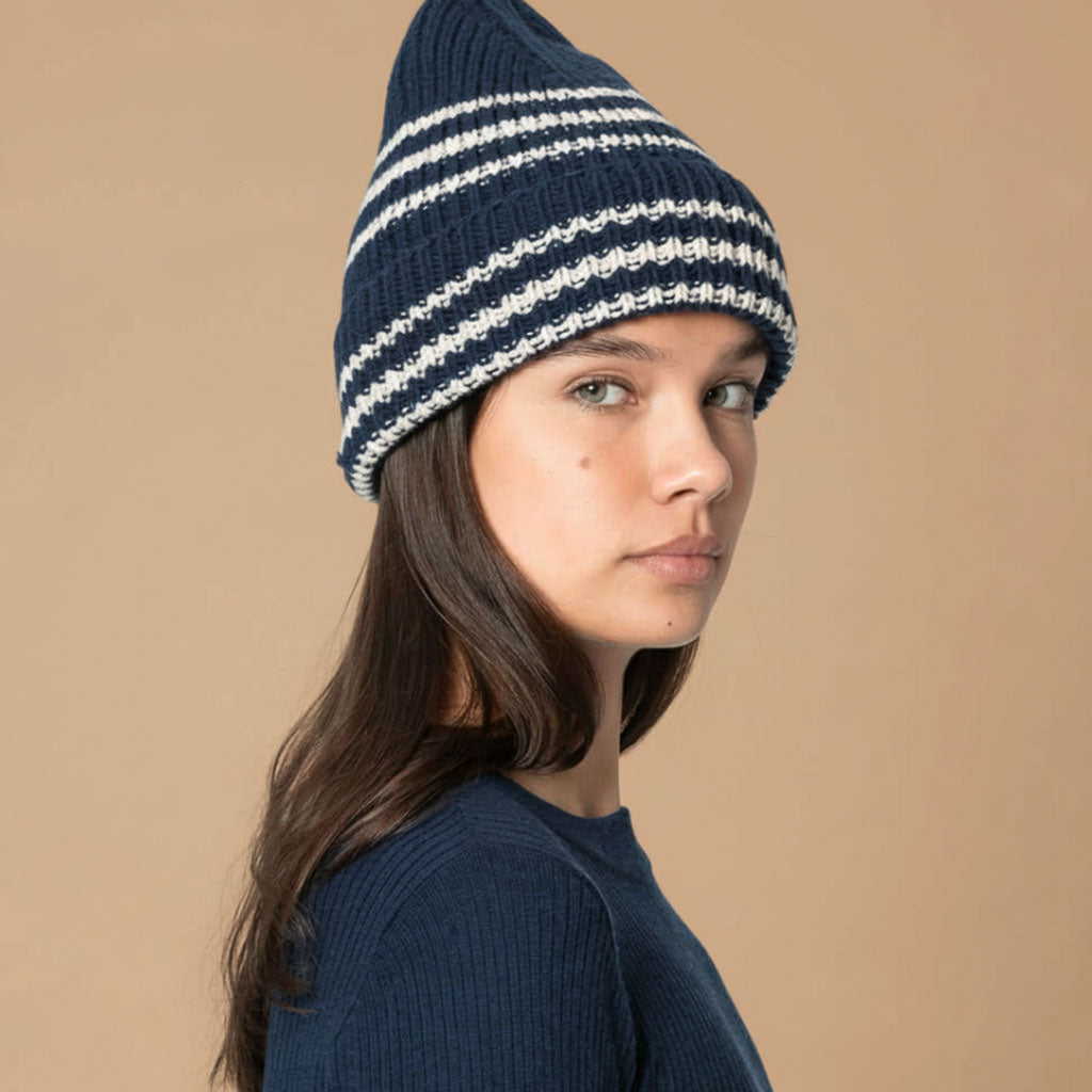 Navy and white striped beanie in soft merino wool