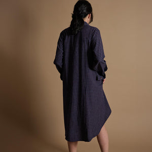Indigo Hatch shirt dress by Mulxiply. Handmade in Nepal.