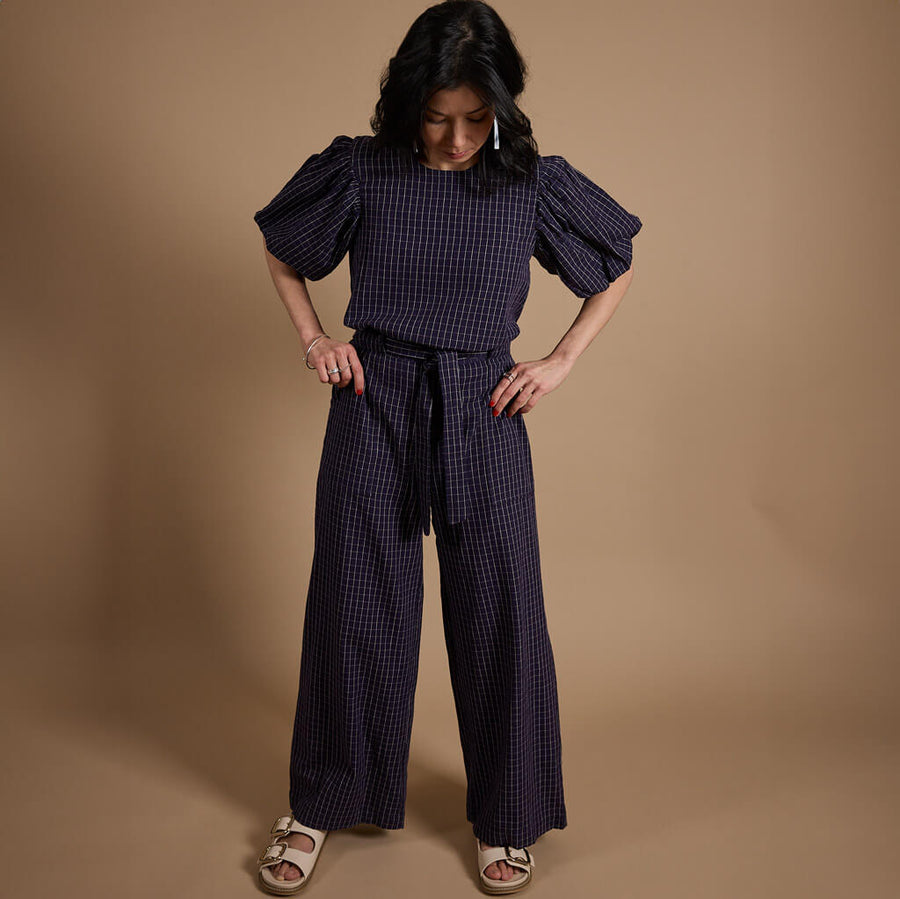 Wide-leg cotton pants in indigo and white by Mulxiply