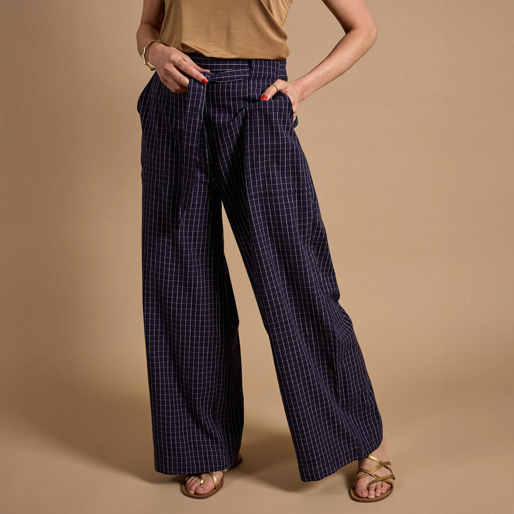 Wide-leg cotton pants in indigo and white by Mulxiply