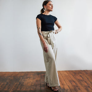 Handwoven pinstripe cotton wide leg pant by Mulxiply