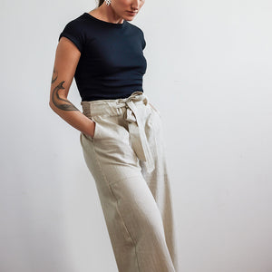 paper bag waist natural cotton pants by Mulxiply