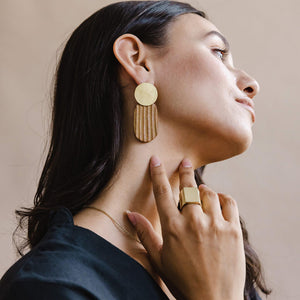 Reeded Drop Earrings in Brass and Terracotta Pottery by Mulxiply and Campfire Pottery. Handmade in Maine.