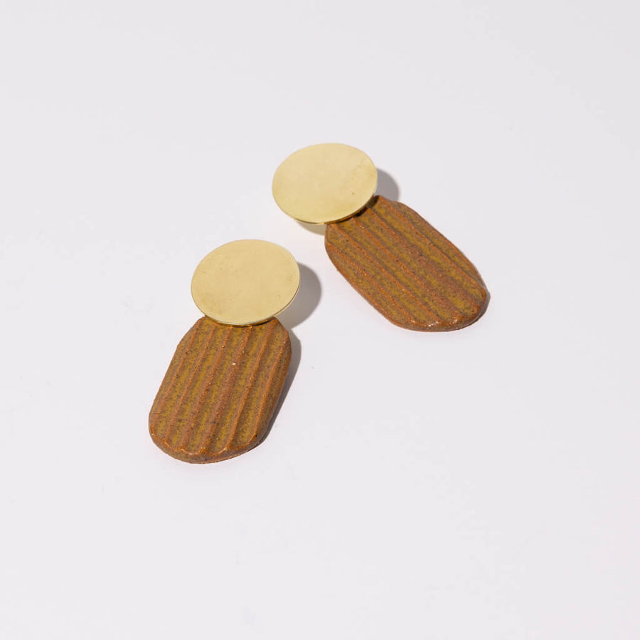 Reeded Drop Earrings in Brass and Terracotta Pottery by Mulxiply and Campfire Pottery. Handmade in Maine.