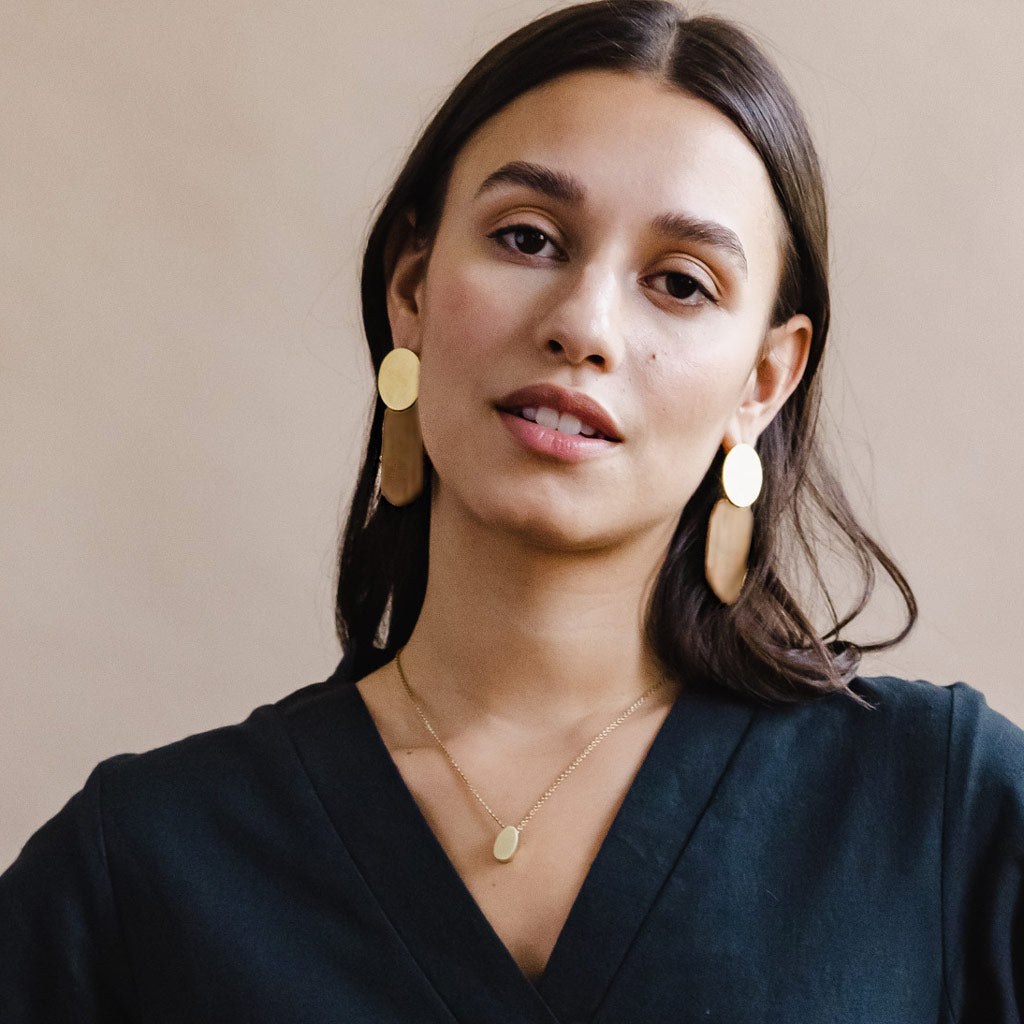 Smooth Oval Drop Earrings in Terracotta and Brass by Mulxiply and Campfire Pottery.