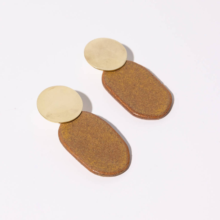 Smooth Oval Drop Earrings in Terracotta and Brass by Mulxiply and Campfire Pottery.