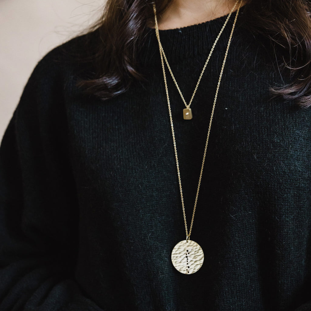 Moon Coin Pendant Necklace - Hammered Brass