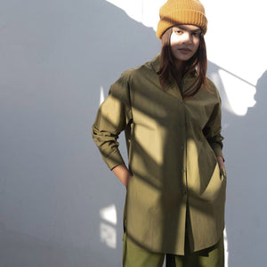 Extra-long Button-down in olive green by Neba for Mulxiply.
