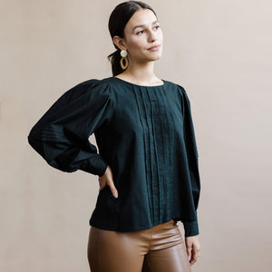Black puffed sleeve blouse. Ethically made by Mulxiply.