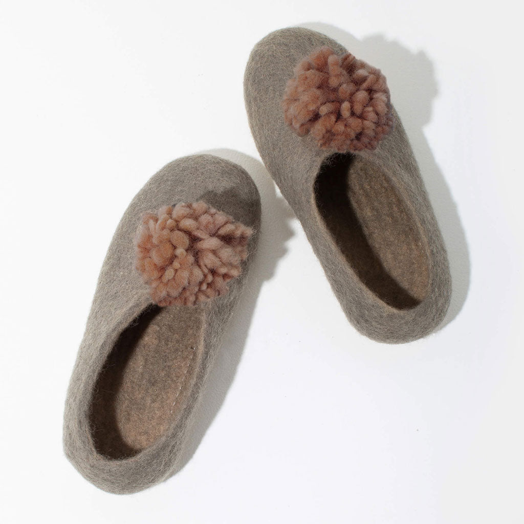SALE - Pom Pom Felt Slippers - Light Grey + Muted Rose