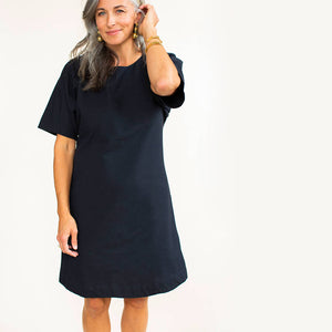 Flattering a-line black dress made with 100% natural cotton by fair trade artisans in Nepal.