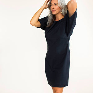 Generously cut butterfly sleeves make this ethically made little black dress perfect for your capsule wardrobe.