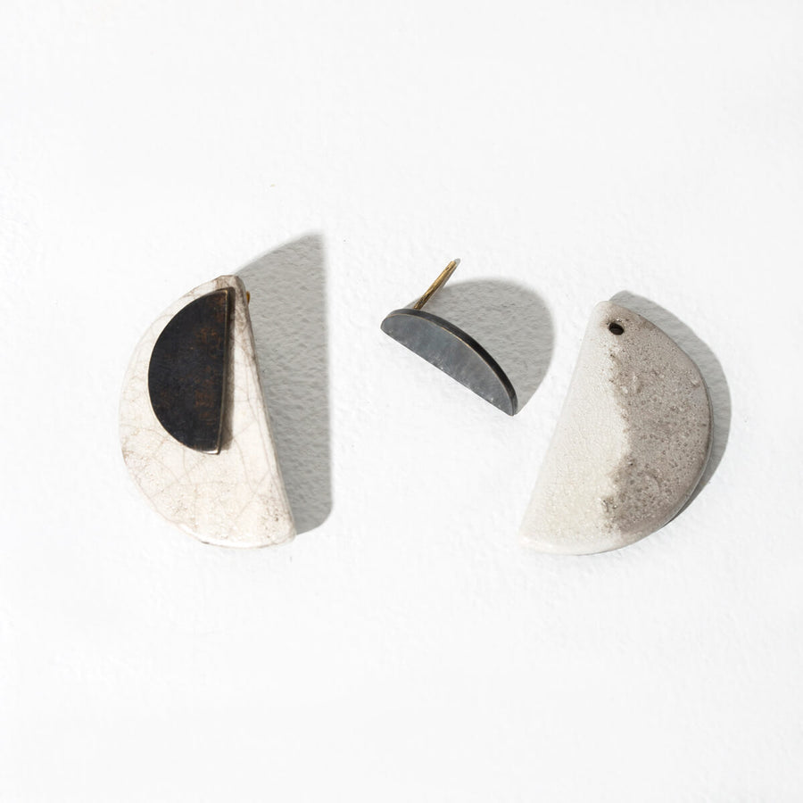 MULXIPLY and Campfire Pottery Half Moon 2-in-1 Earrings - Raku + Oxidized Brass