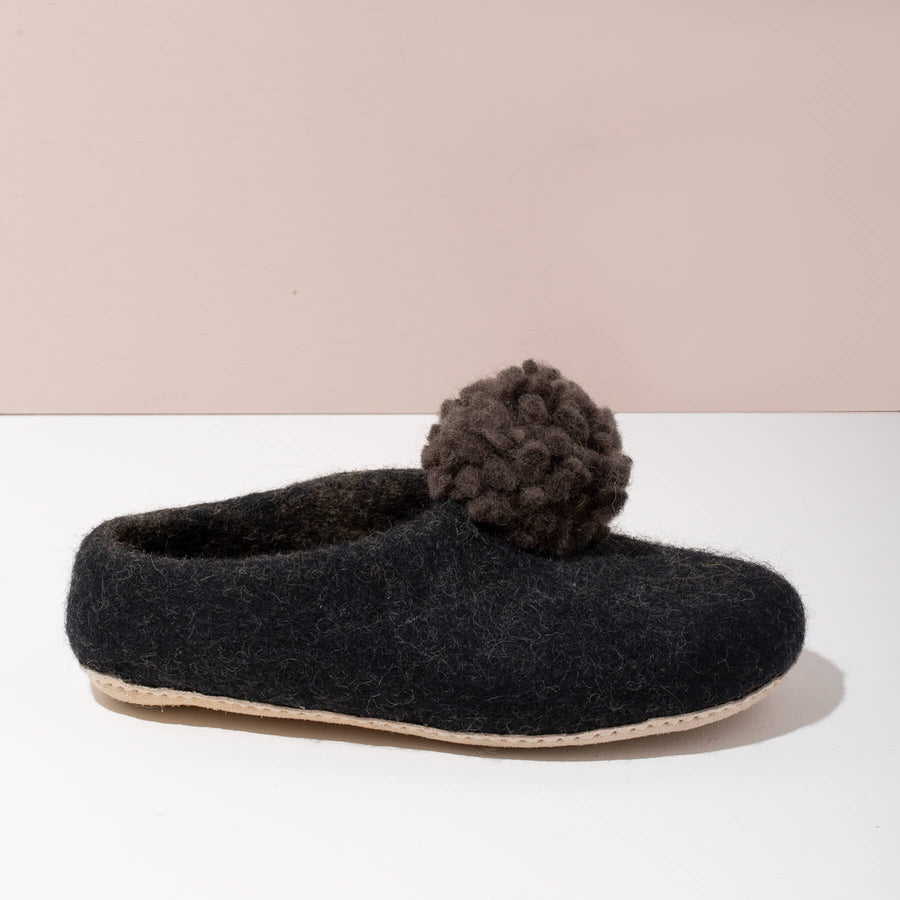 MULXIPLY Pom Pom Felt Slippers - Dark Grey + Black