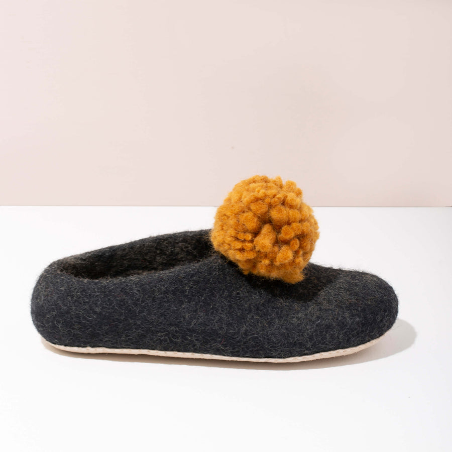 MULXIPLY Pom Pom Felt Slippers - Dark Grey + Gold